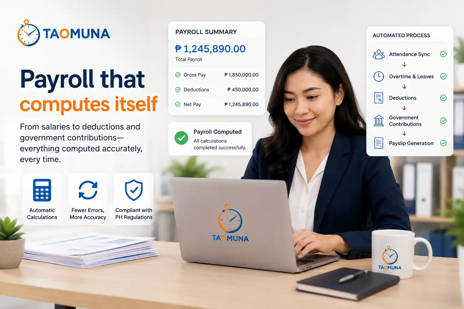 Automated Philippine payroll run showing SSS, PhilHealth, Pag-IBIG and BIR computations
